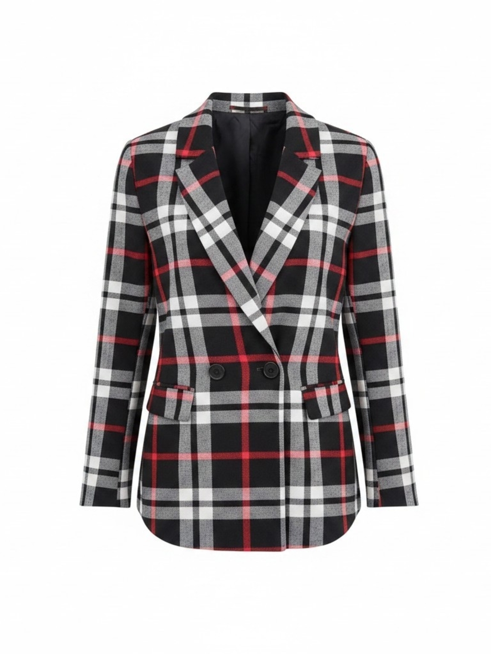 New York & Company Black, White & Red Plaid Double-Breasted Blazer